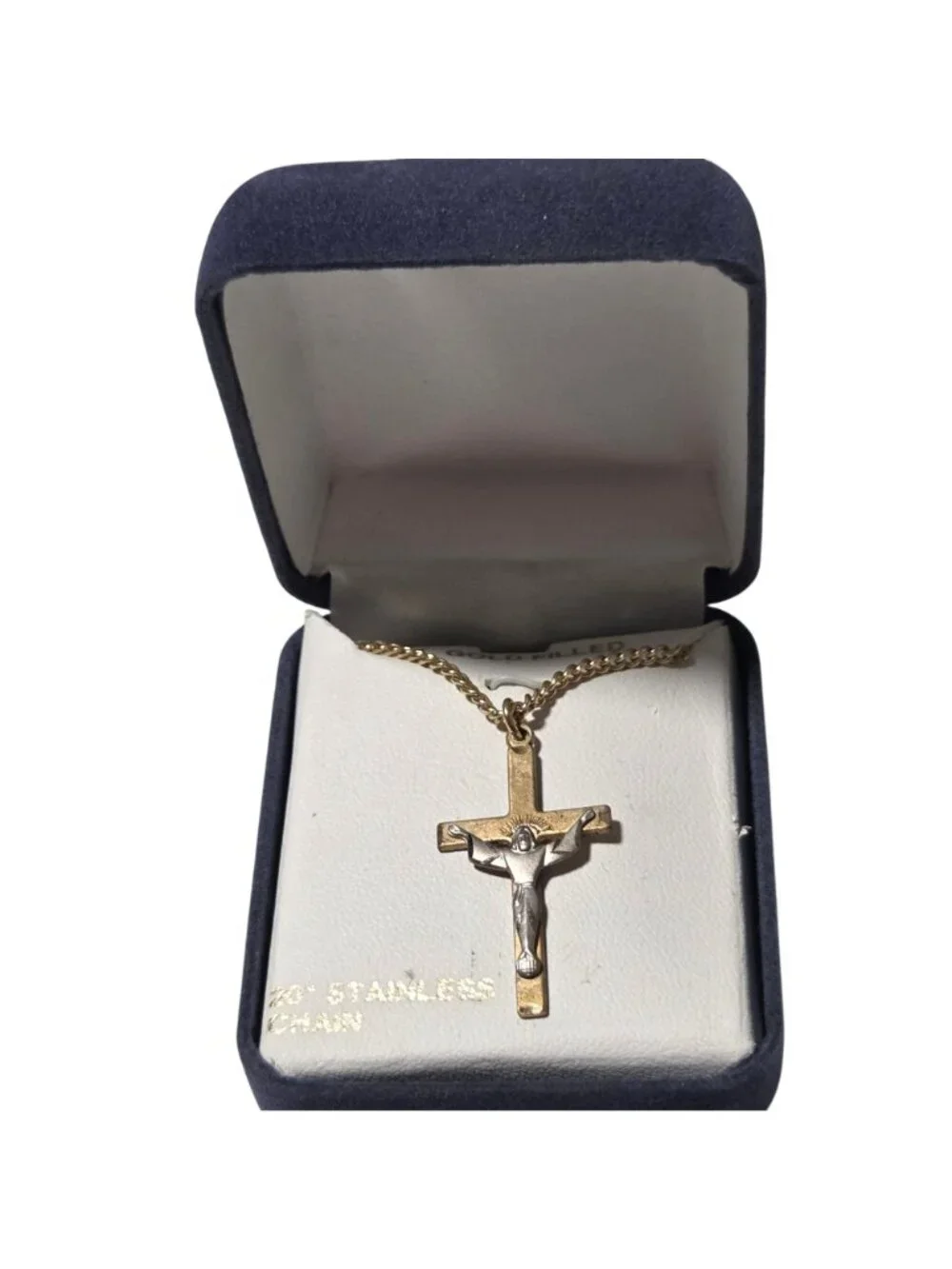 14K Gold Filled Crucifix Pendant Necklace 20 inch Stainless Chain Religious